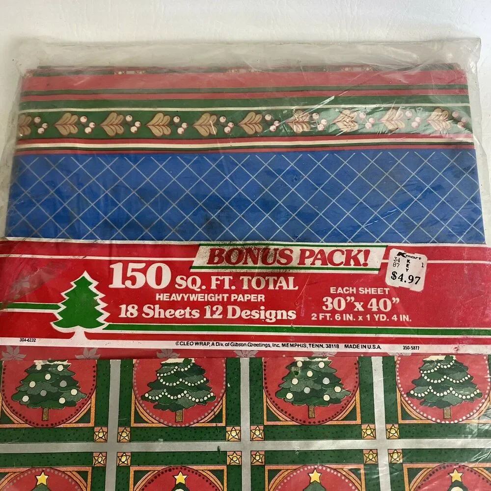 Vintage Wrapping Paper Christmas 150 Square Feet‎ Christmas Trees Snowmen NIP